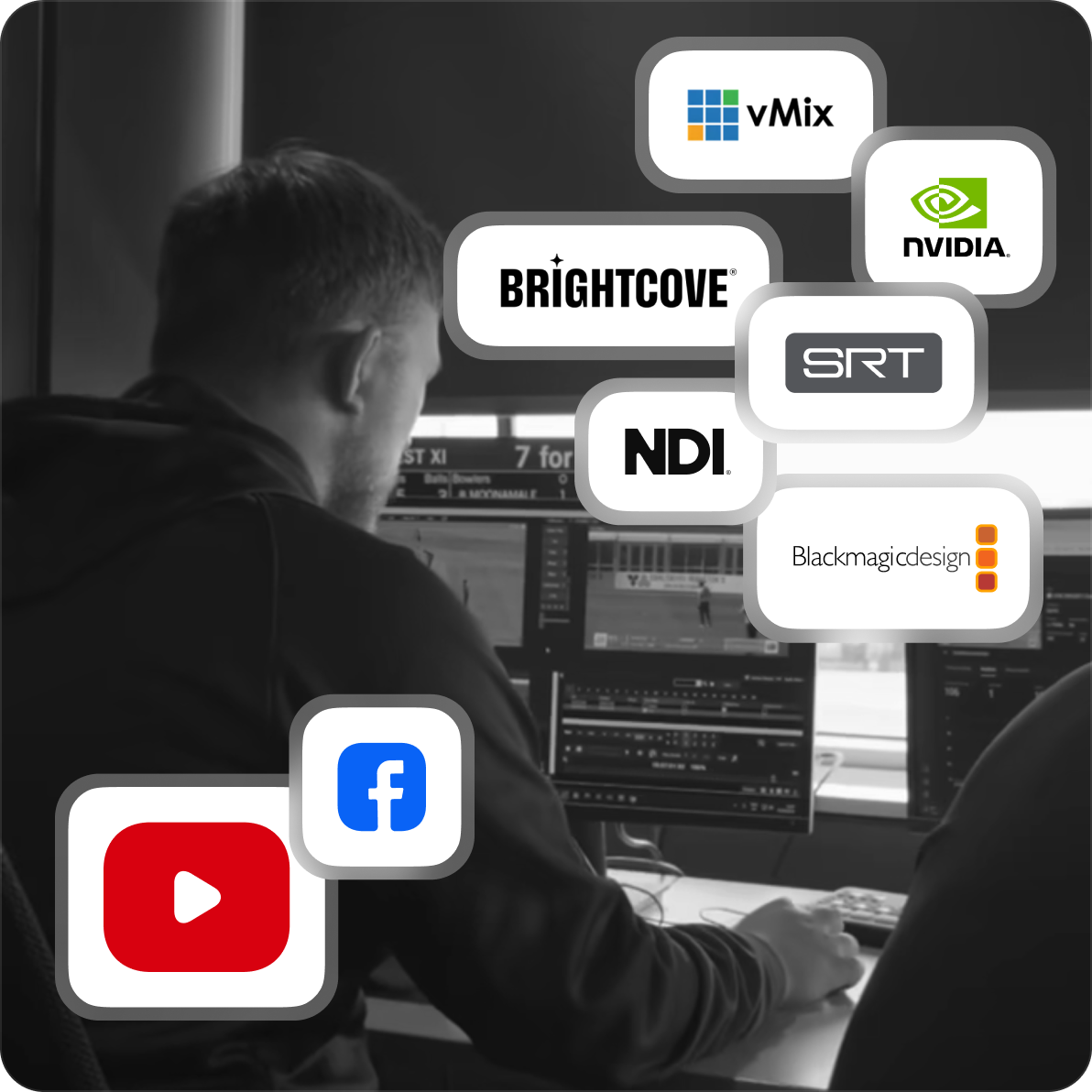 Cricket control room operator with 8 live streaming partner logos showing pro streaming ability