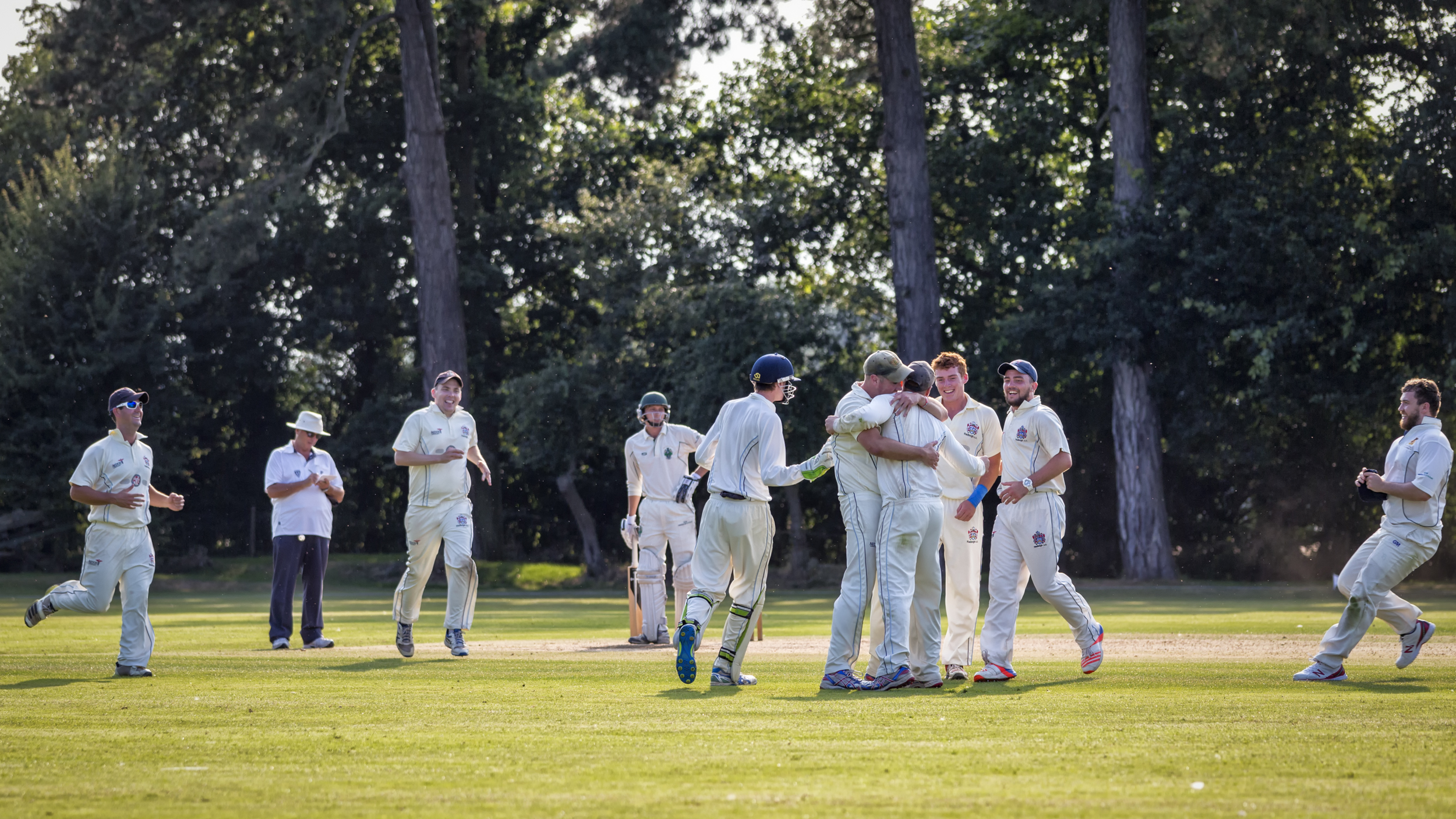 Celebrating teammates in cricket whites on cricket green with forest behind.