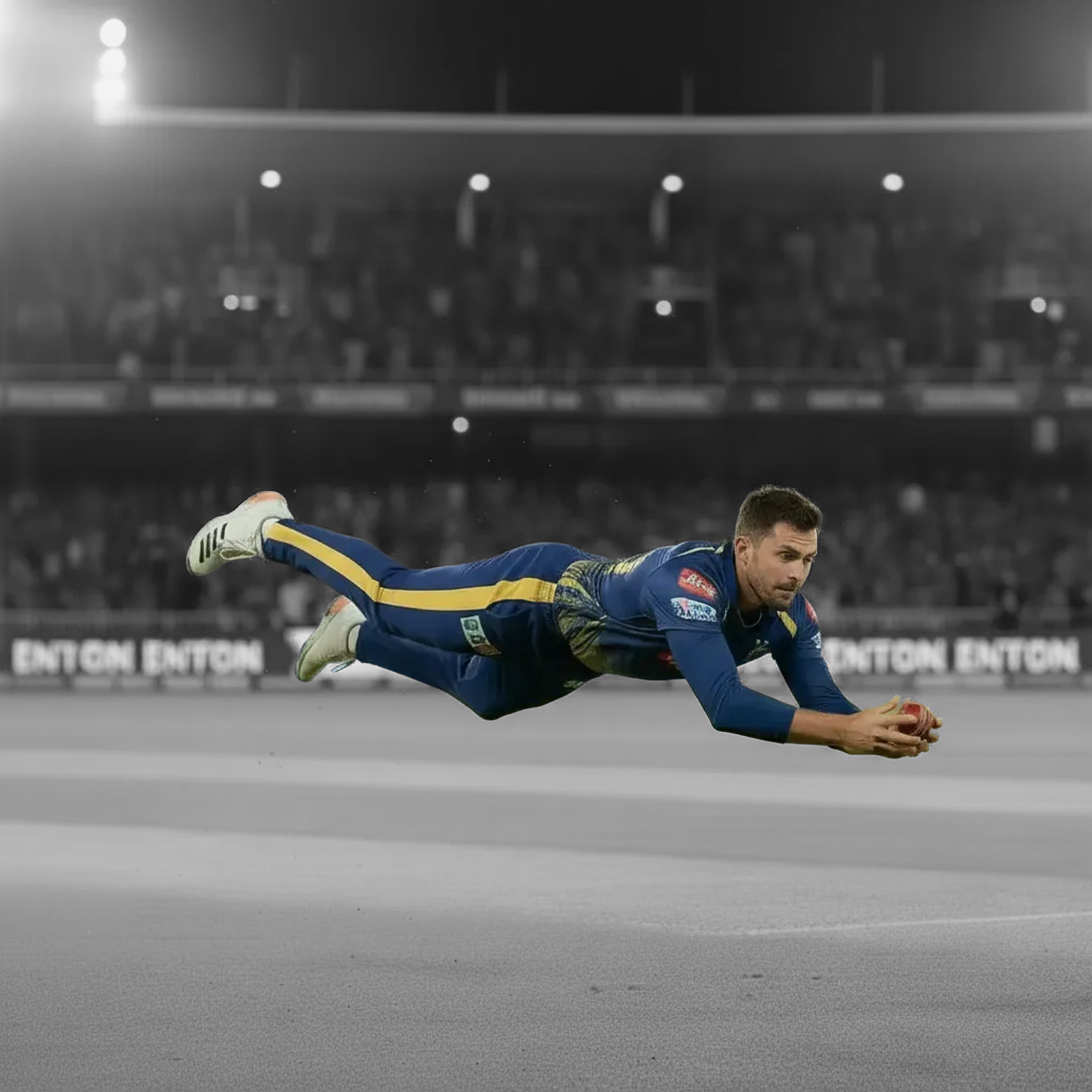 Pro cricket fielder making a mid-air catch in packed stadium