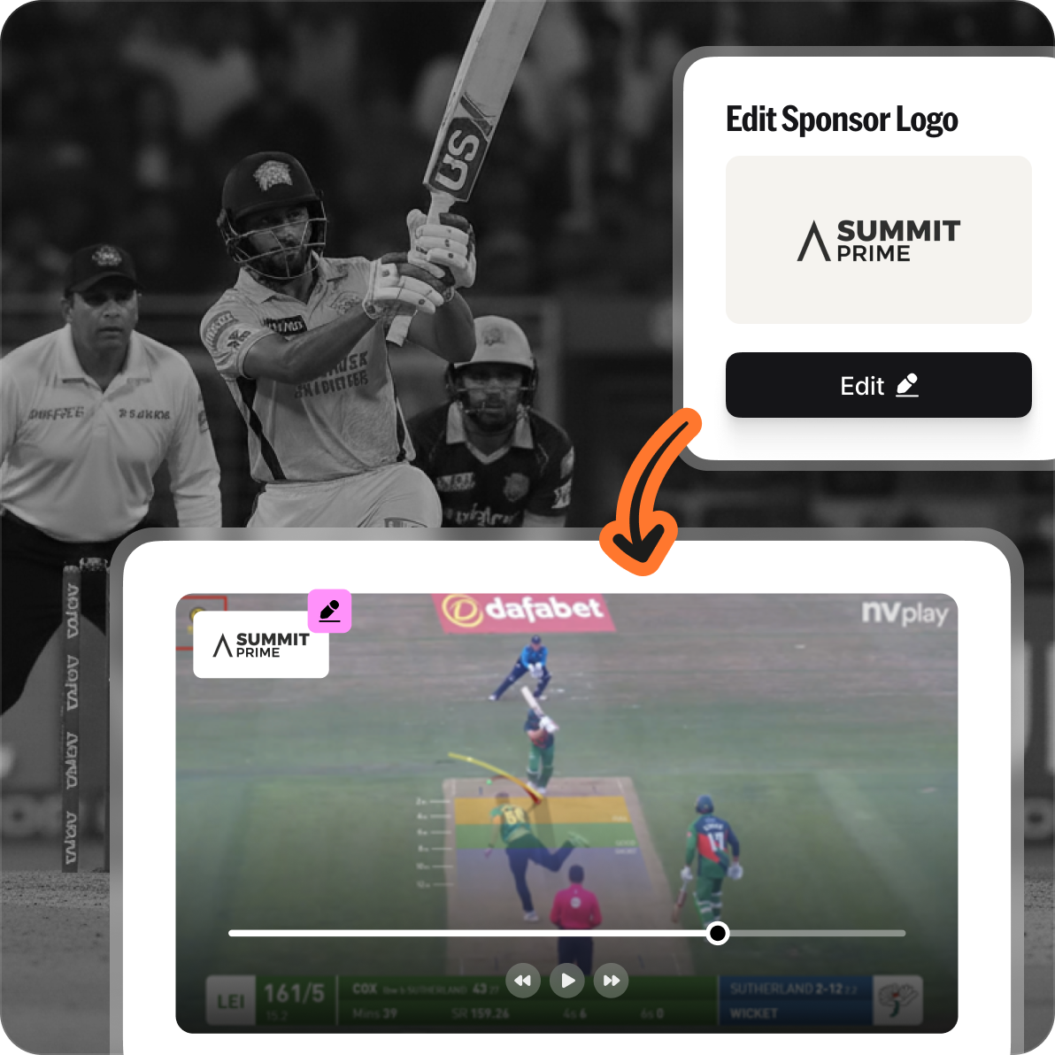 NV Play UX showing a sponsor logo being added to a professional cricket live stream