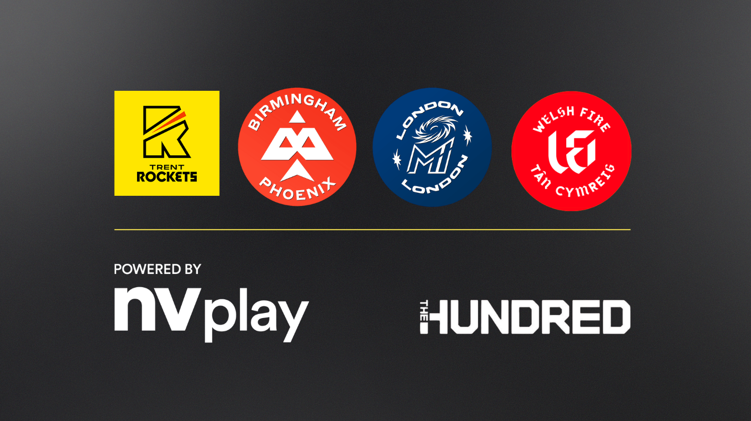 Trent Rockets, Birmingham Phoenix, MI Longon, Welsh Fire, NV Play and The Hundred logos