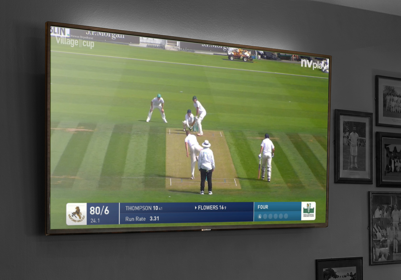 NV Play live stream on the TV screen in pavilion at recreational cricket club
