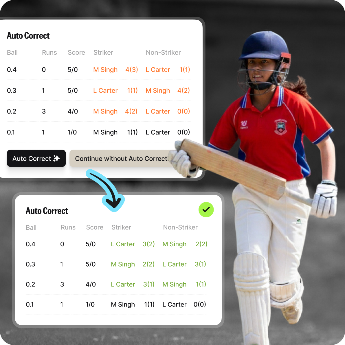 Illustration of NV Play auto-correct feature paired with girl cricketer in red
