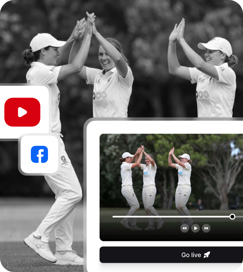 NV Play live stream UX with women's cricket team celebrating and YouTube and Facebook logos