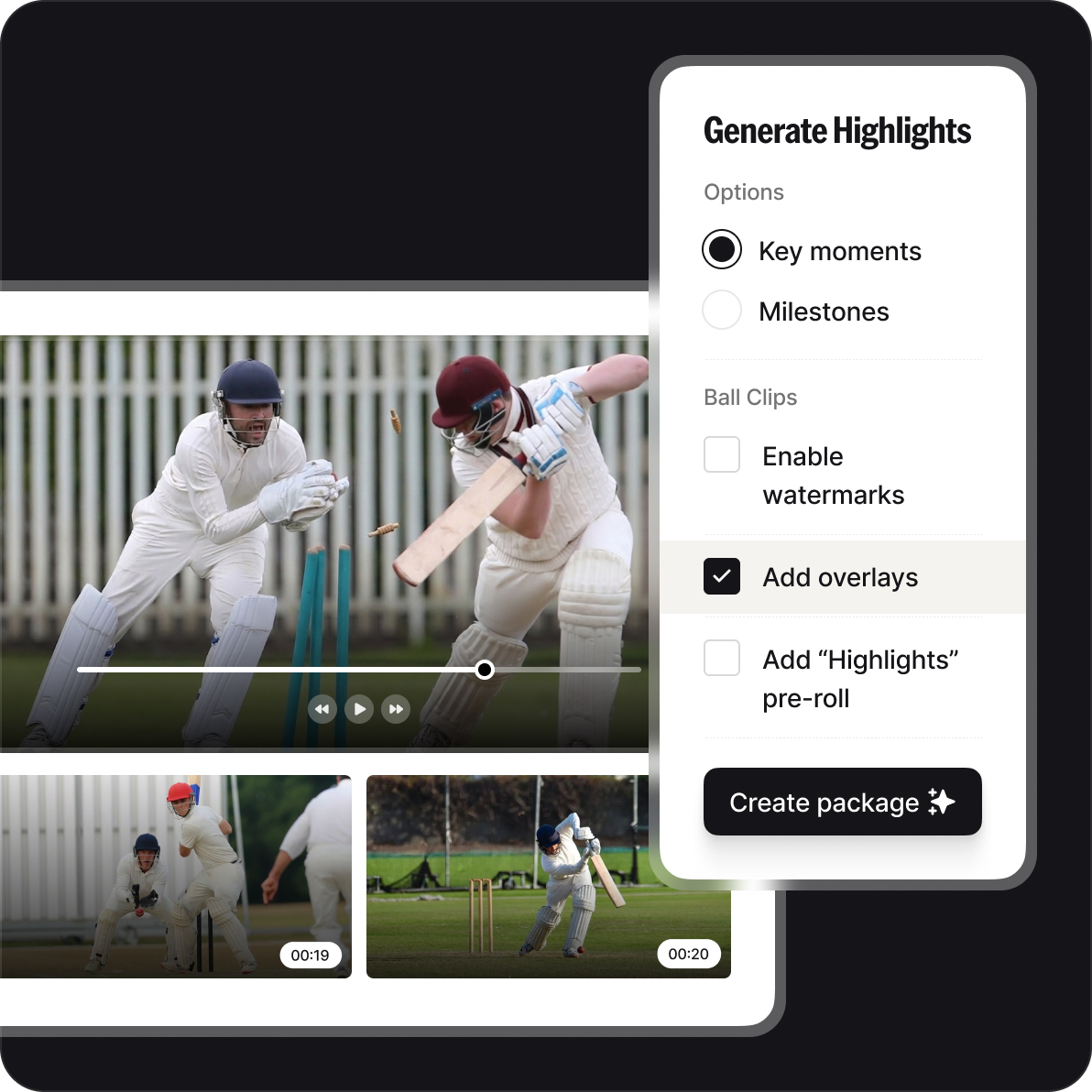 NV Play highlights reel generation interface showing club cricket match