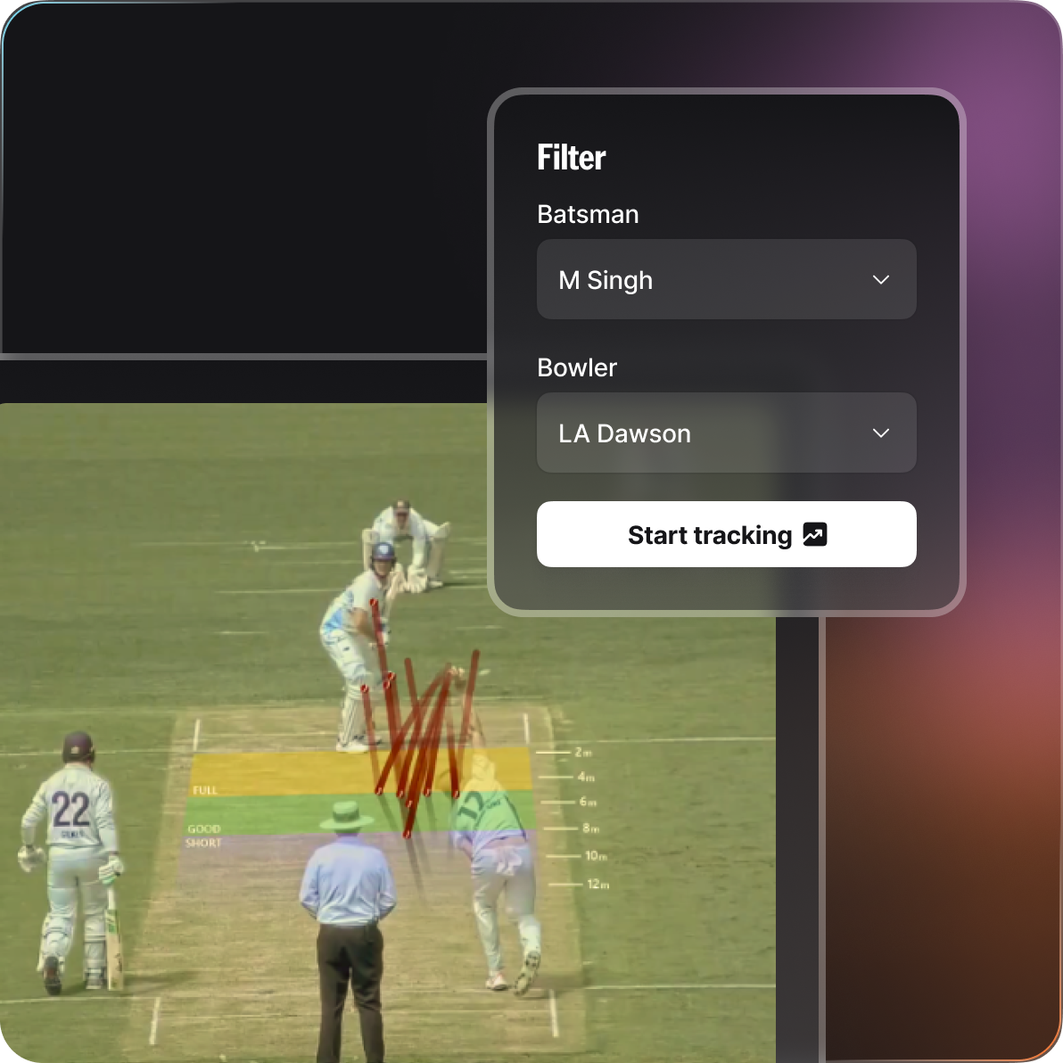 NV Play's Vision AI UI showing how batsman and bowler can be tracked