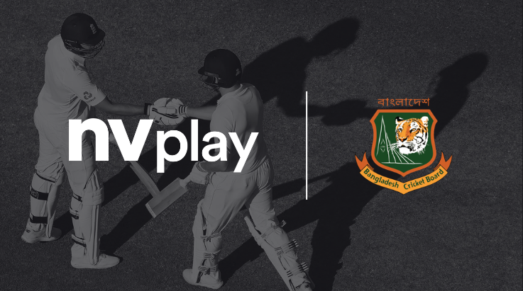 NV Play and Bangladesh Cricket Board logos over image of cricket players shaking hands
