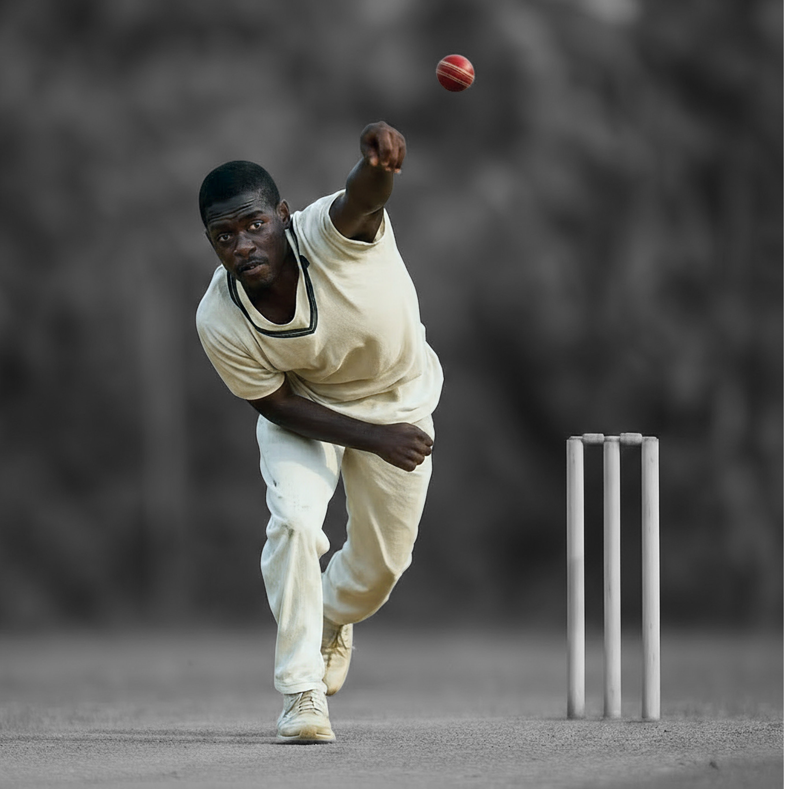 Male club cricketer bowling with wicket in the background