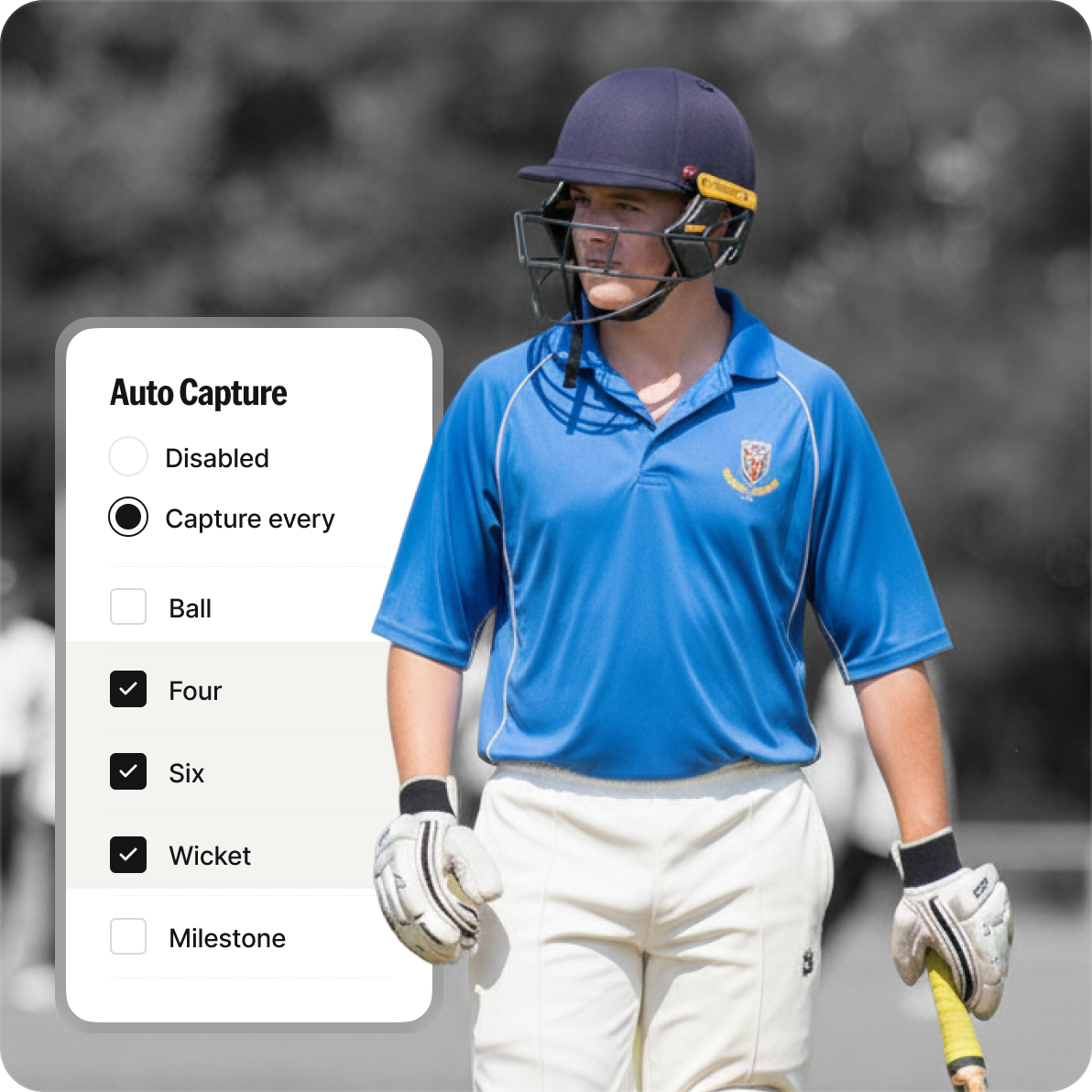 Simplified NV Play UI of auto-capture feature paired with cricketer in blue uniform