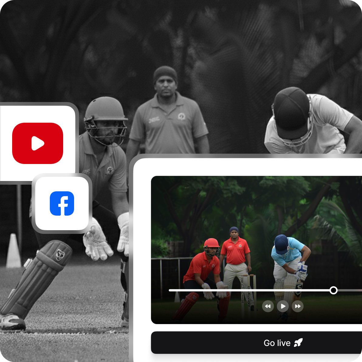 NV Play live streaming UI showing three players mid-match with YouTube and Facebook logos